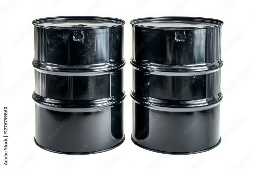 Two black oil drums on solid white background. Neural network AI generated Two black oil drums on solid white background. Neural network AI generated