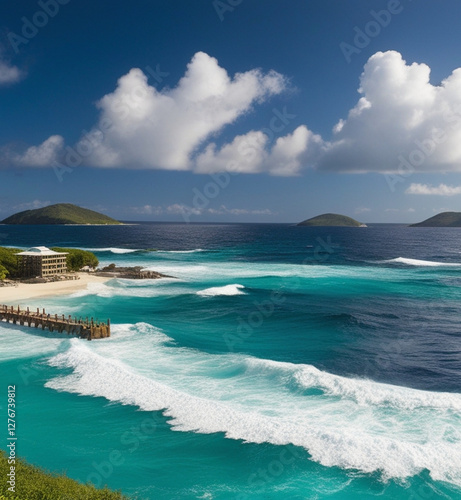 Tropical beach ocean with blue sky, gentle waves caressing photo