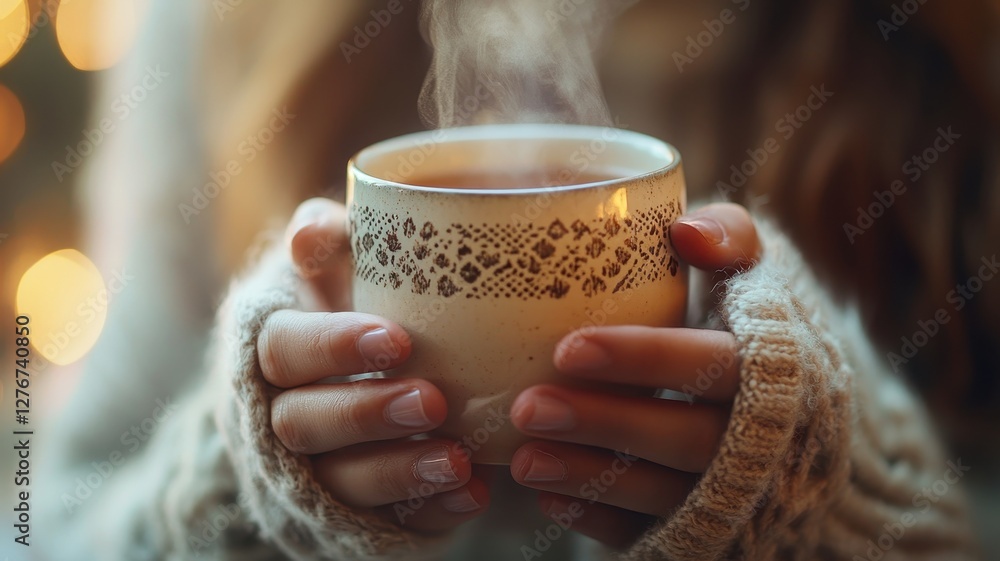 Mindful living with wellness and peace concept. Warm hands holding a steaming cup of coffee in cozy atmosphere. Mindful living with wellness and peace concept. Warm hands holding a steaming cup of coffee in cozy atmosphere.