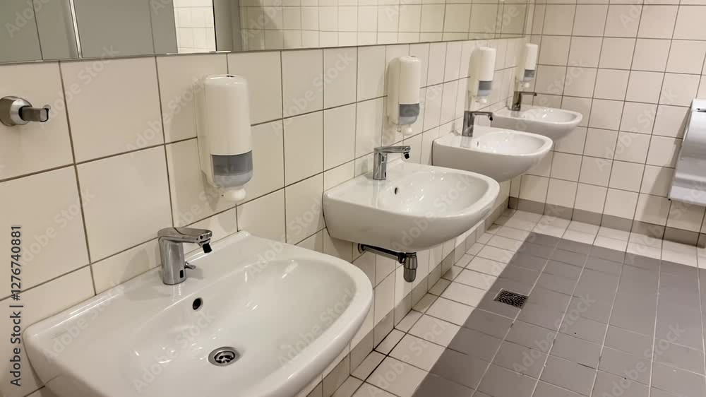 Clean public restroom sinks with soap dispensers, hygiene, sanitation, modern bathroom facility Clean public restroom sinks with soap dispensers, hygiene, sanitation, modern bathroom facility