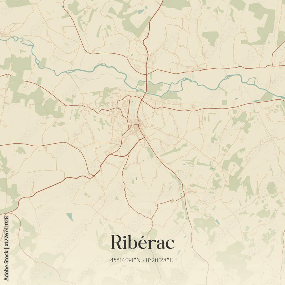 Fototapeta premium Vintage map of Ribérac, France.