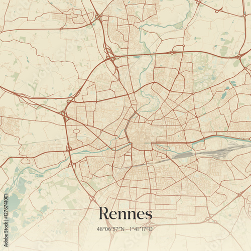 Vintage map of Rennes, France.