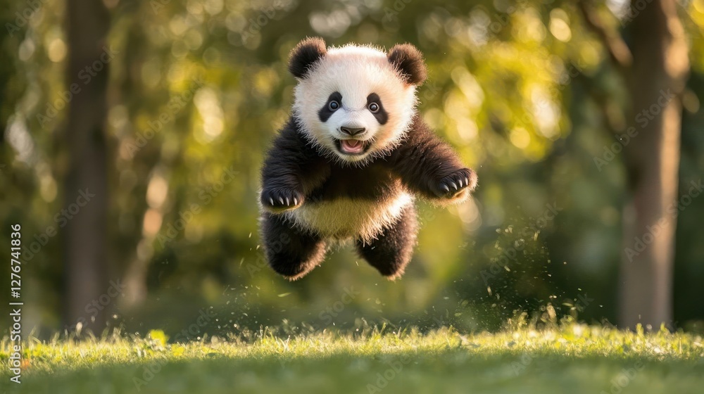 Fototapeta premium Playful panda cub jumping in a sunny green park