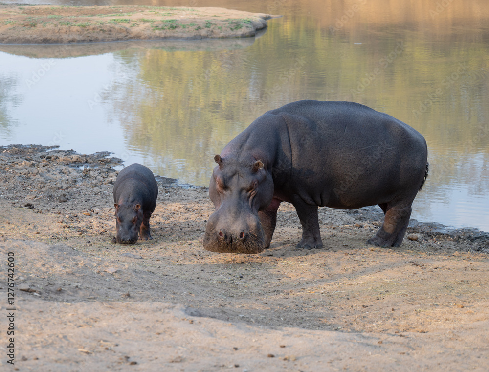 Afrikanische Tiere Flusspferde genannt Nilpferd - Hippo, im Krüger National Park - Kruger Nationalpark Südafrika