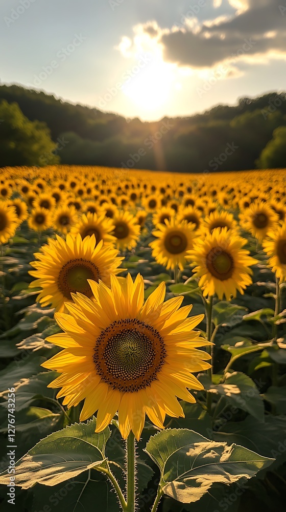 Obraz premium golden sunflower field under sunset sky high resolution hd picture