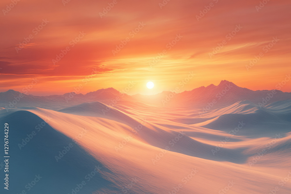 A breathtaking sunset casts a warm, orange glow over snow-covered mountains and rolling hills. A breathtaking sunset casts a warm, orange glow over snow-covered mountains and rolling hills.