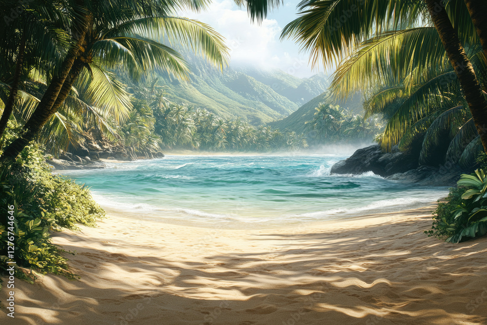 Serene tropical beach cove nestled between lush palm trees and mountains, bathed in sunlight. Serene tropical beach cove nestled between lush palm trees and mountains, bathed in sunlight.