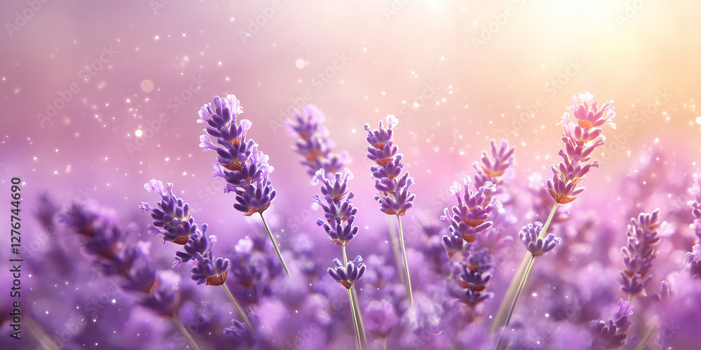 Lavender field with dreamy bokeh lights, evoking a serene and romantic atmosphere. Lavender field with dreamy bokeh lights, evoking a serene and romantic atmosphere.