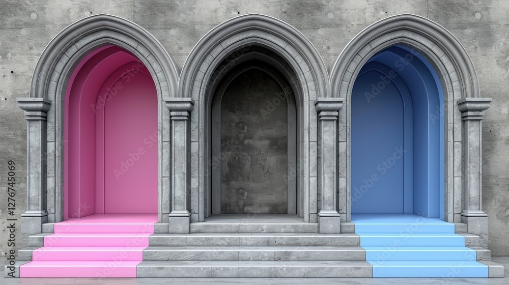 Three Arched Niches with Pink and Blue Steps on a Textured Gray Wall Background Three Arched Niches with Pink and Blue Steps on a Textured Gray Wall Background