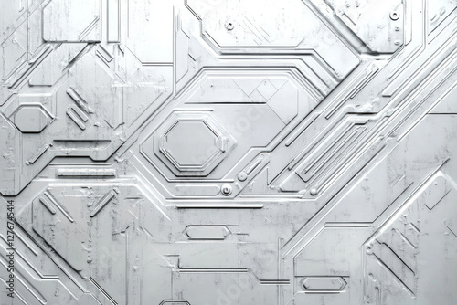 Abstract futuristic metallic panel with geometric shapes and embossed circuitry design.
