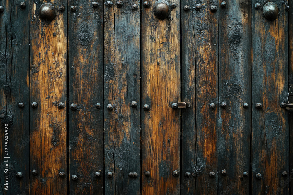 Ancient weathered wooden door with metal accents, showing age and texture. Ancient weathered wooden door with metal accents, showing age and texture.