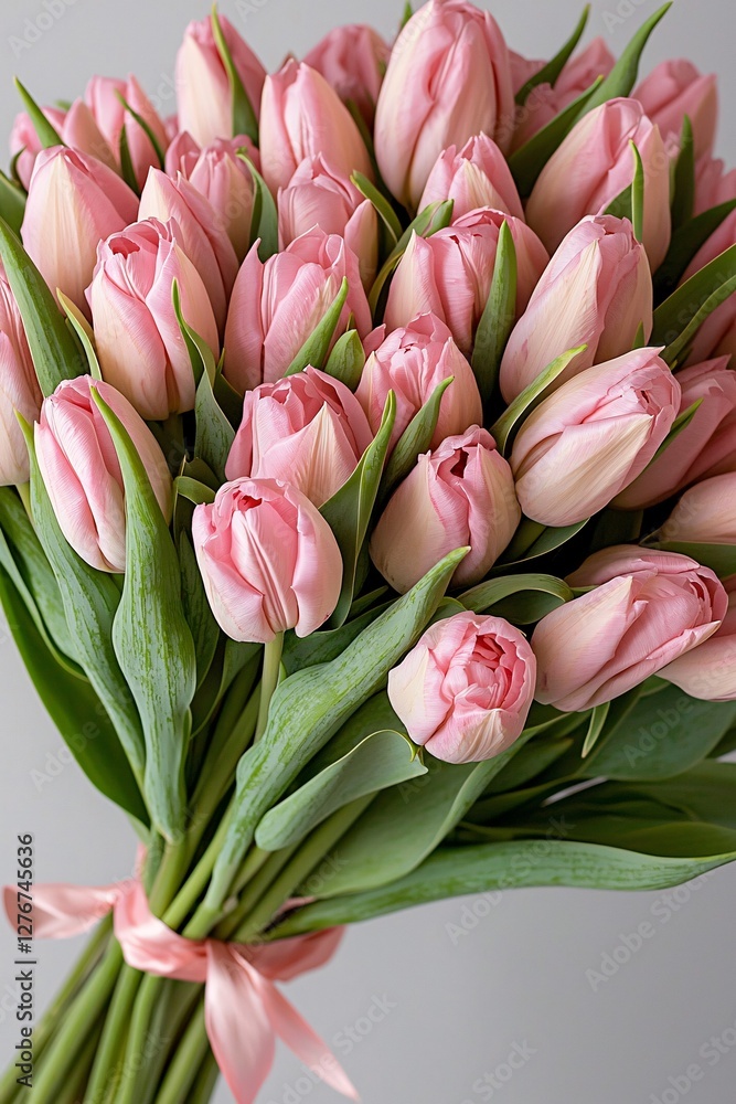 Fototapeta premium Vibrant pink tulip bouquet symbolizing spring and renewal, with soft petals and lush green leaves, perfect for seasonal decor