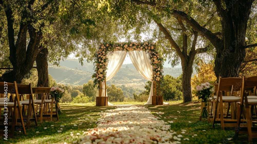 A breathtaking wedding arch placed in a festive outdoor setting
