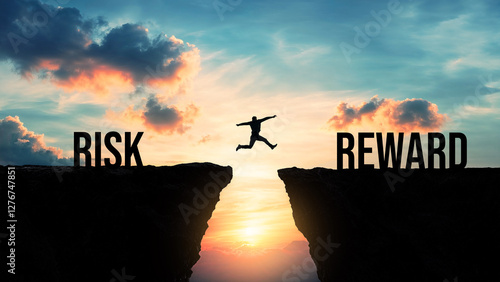 Silhouette of a person jumping from risk to reward over a gap between cliffs at sunset, taking chances for success, high-risk high-reward concept, courage, investment, business opportunities

