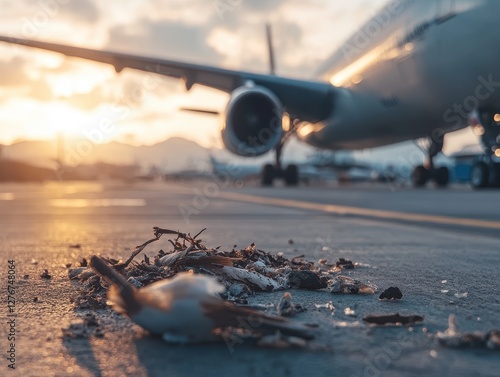 Sunset at the Airport: A Bird's Remains Near a Jet photo