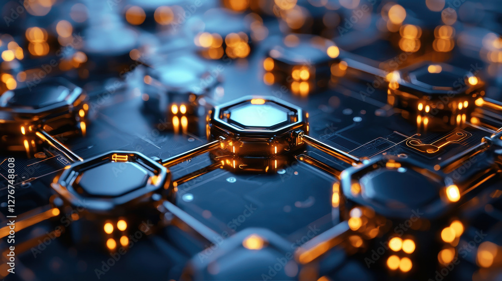 Microscopic exploration of a semiconductor transistor network with glowing metallic pathways in hyperrealistic detail Microscopic exploration of a semiconductor transistor network with glowing metallic pathways in hyperrealistic detail