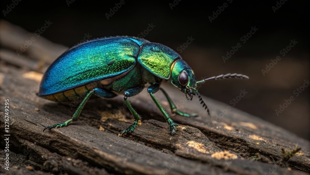 Illuminated jewel beetle on dark surface nature photography macro environment vivid colors and reflection Illuminated jewel beetle on dark surface nature photography macro environment vivid colors and reflection