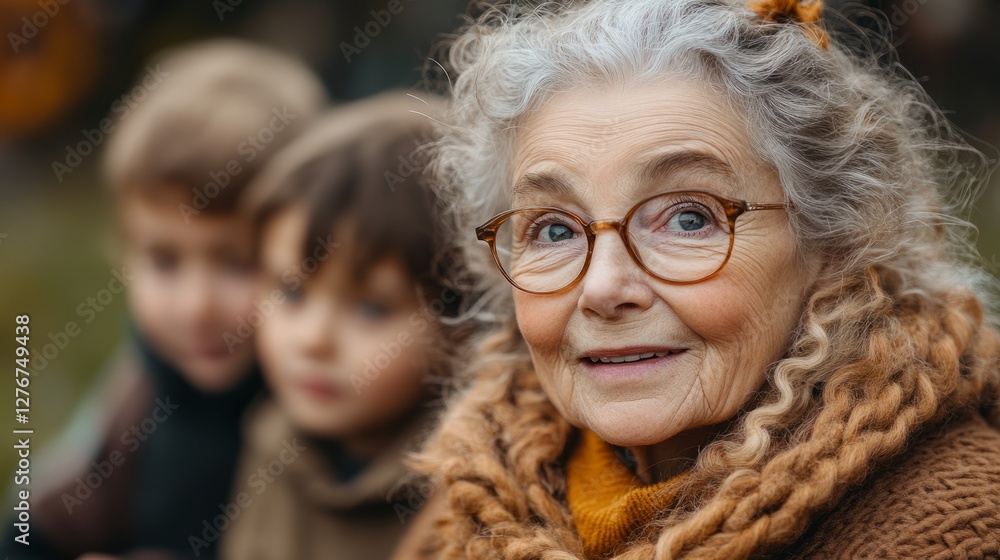 Fototapeta premium Elderly woman smiles warmly while sharing captivating tales with young children