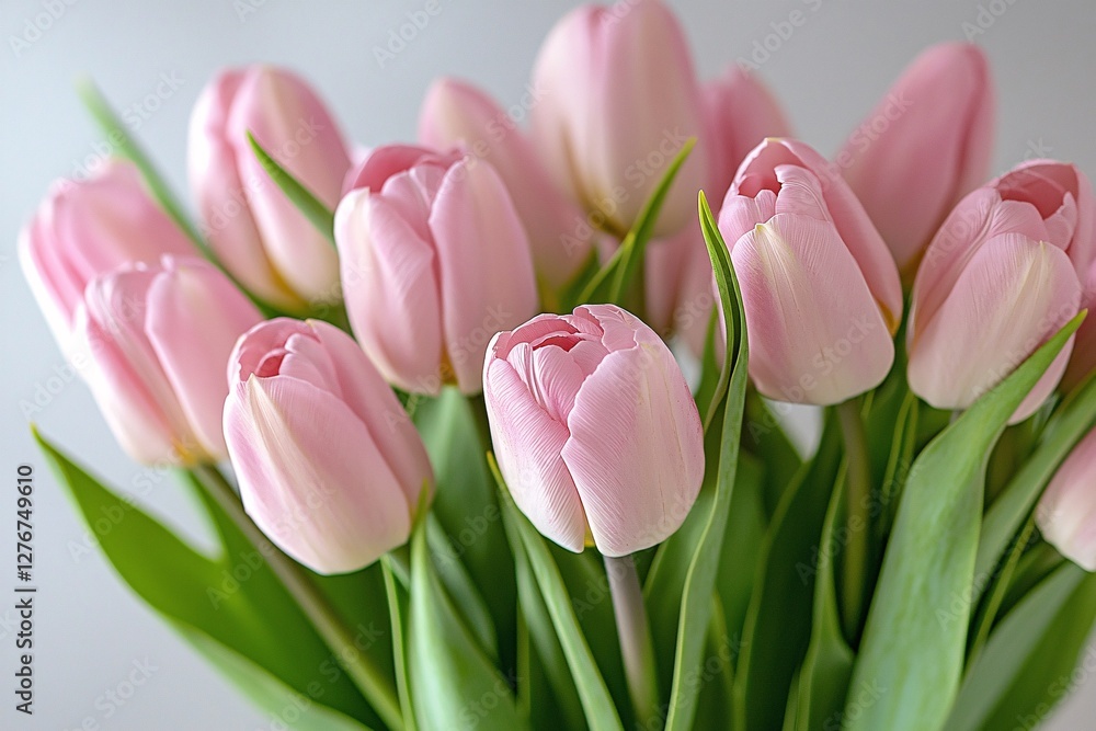 Soft pink tulips with fresh green leaves in a delicate floral composition. The gentle pastel tones and natural textures create an elegant and romantic atmosphere. Soft pink tulips with fresh green leaves in a delicate floral composition. The gentle pastel tones and natural textures create an elegant and romantic atmosphere.