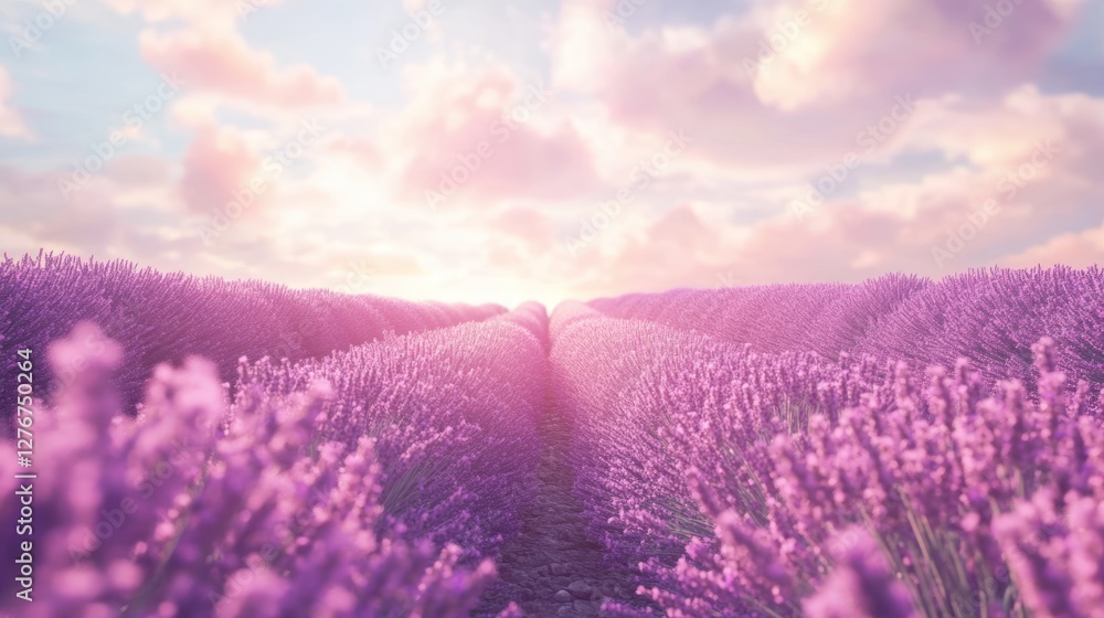Fototapeta premium Serene Lavender Fields at Sunset: A Breathtaking View of Purple Blossoms under a Pastel Sky