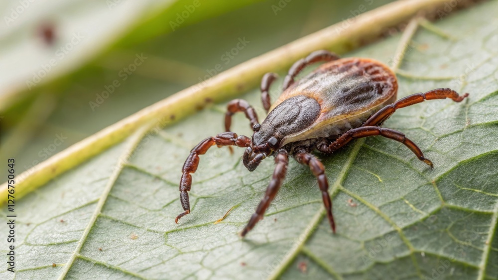 Tick gripping a leaf nature close-up macro photography leafy environment detailed view insect anatomy