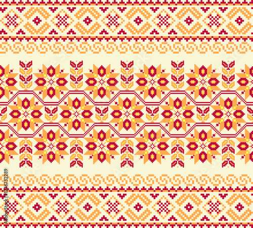 Fabric pixel abstract geometric pattern Thai style design for clothing, fabric, background, wallpaper, wrapping, batik. Knitwear, Embroidery style. Aztec geometric art ornament print.