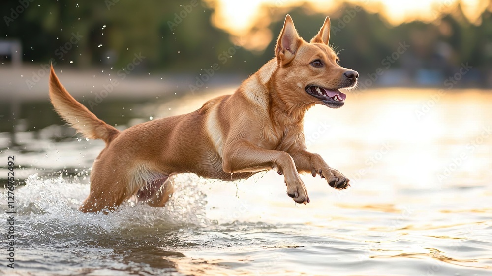 Dog swimming activities include water play and diving. A joyful dog leaps through water, splashing in a serene outdoor setting during golden hour. Dog swimming activities include water play and diving. A joyful dog leaps through water, splashing in a serene outdoor setting during golden hour.