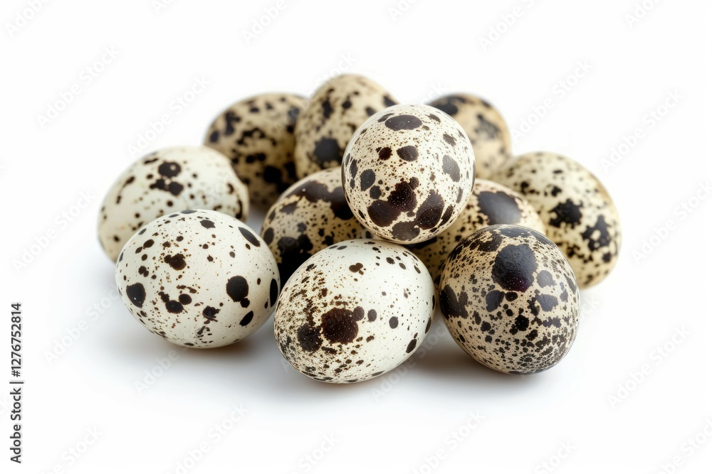 Cluster of speckled quail eggs on white background. Neural network AI generated Cluster of speckled quail eggs on white background. Neural network AI generated