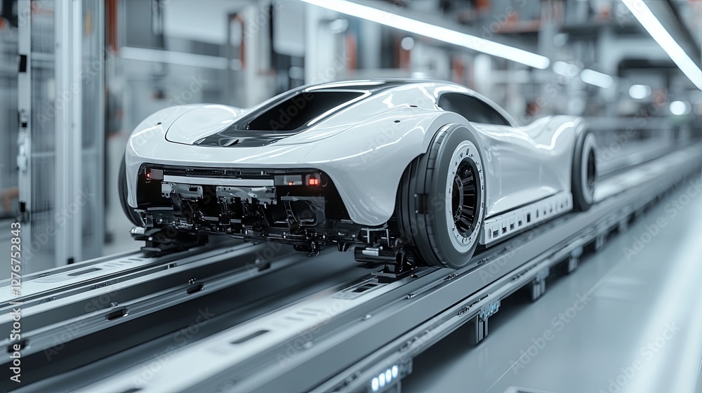Car body on a conveyor belt during the modern assembly process at a factory, featuring an automated car body construction system Car body on a conveyor belt during the modern assembly process at a factory, featuring an automated car body construction system