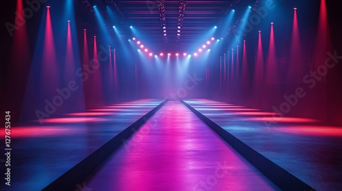 Wallpaper Mural An empty fashion show runway with moving beam lighting along the walkway and a background stage ramp Torontodigital.ca