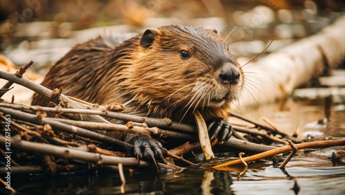 Closeup of a beaver building a dam using twigs and branches in a tranquil river environment nature photography wild habitat perspective photo