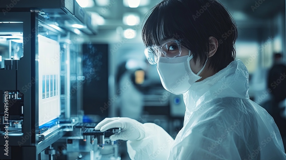 In the manufacturing facility, a team of scientists in sterile protective coveralls sets up and programs a modern industrial 3D printer for the high-precision production of semiconductors In the manufacturing facility, a team of scientists in sterile protective coveralls sets up and programs a modern industrial 3D printer for the high-precision production of semiconductors