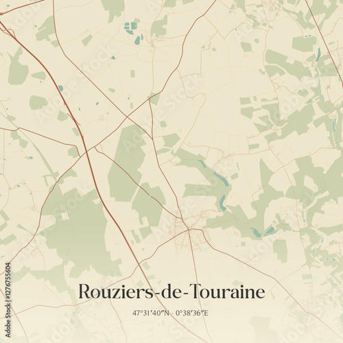 Vintage map of Rouziers-de-Touraine, France.