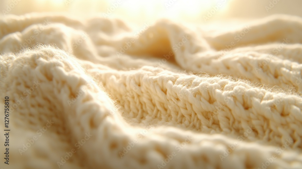 Soft white boucle fabric gently draped in warm sunlight Soft white boucle fabric gently draped in warm sunlight