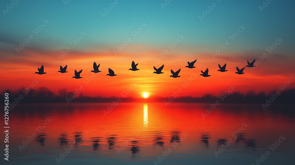 Birds silhouetted in fiery sunset sky high resolution hd picture Birds silhouetted in fiery sunset sky high resolution hd picture