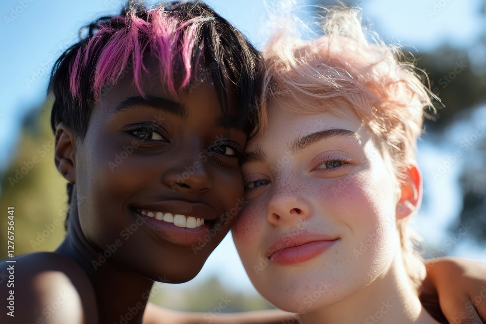 Portrait of Two Smiling Friends, Close-Up, Outdoors, Sunny Day, Friendship, Happiness, Joyful, Youthful Energy Portrait of Two Smiling Friends, Close-Up, Outdoors, Sunny Day, Friendship, Happiness, Joyful, Youthful Energy