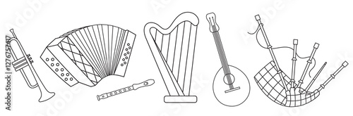 St. Patrick's Day, set of Irish folk musical instruments, guitar, harp, bagpipes, trumpet, fife, accordion, black and white vector linear icon isolated on a white transparent background