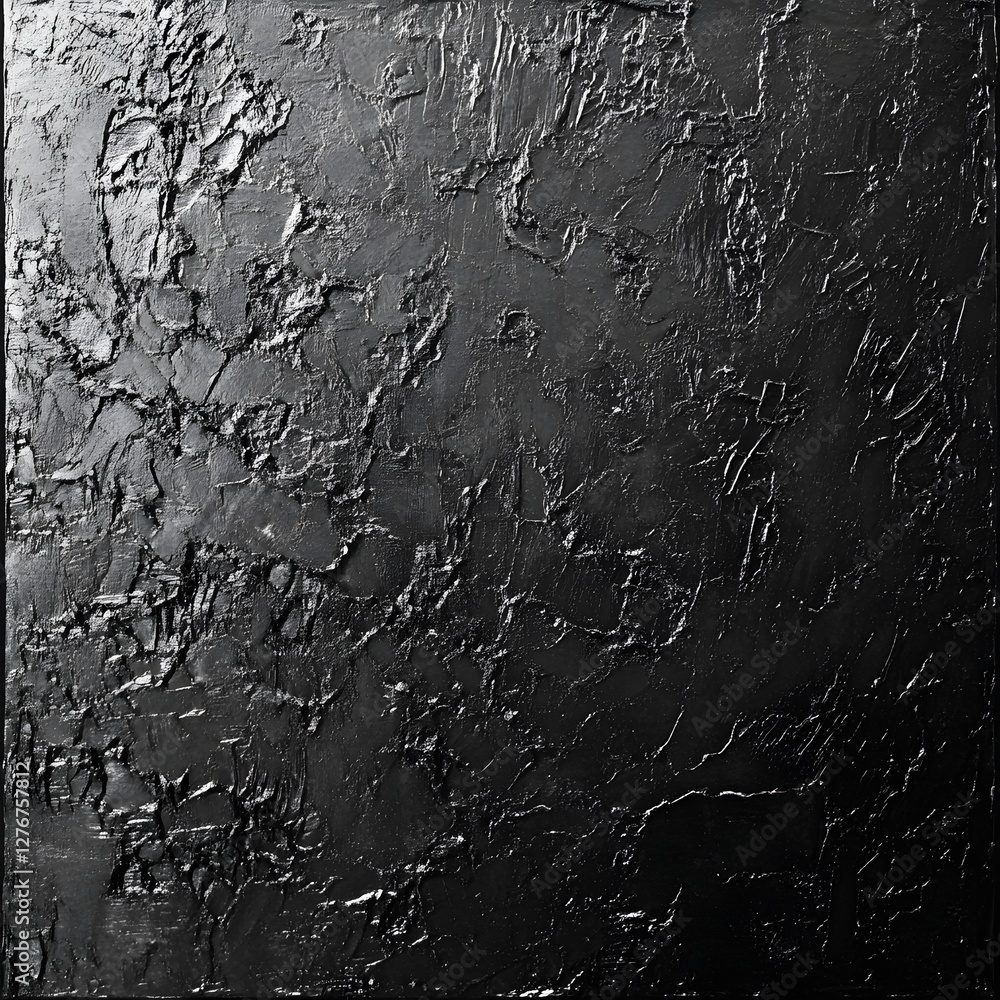 Obraz premium Abstract black and white image showcasing a heavily textured, rough black surface with cracks and indentations, creating a dark and moody feel.