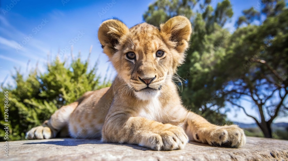 Fototapeta premium Closeup of a full-length lion in natural habitat wildlife photography serene environment majestic viewpoint animal behavior for seo impact