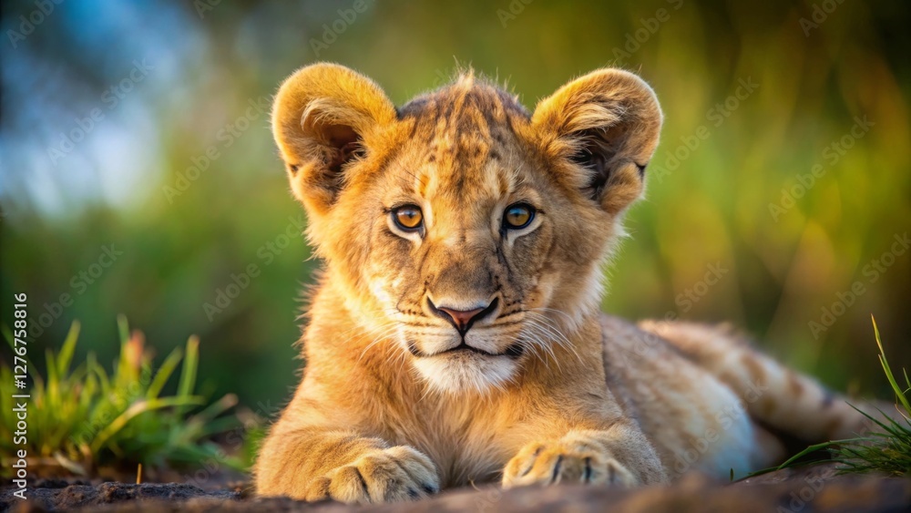 Obraz premium Majestic lion closeup african savanna wildlife photography natural habitat ground level full-length lion in focus