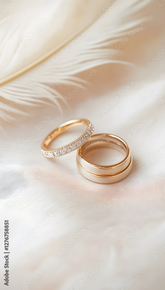 Two wedding rings on soft silk fabric with feather Two wedding rings on soft silk fabric with feather