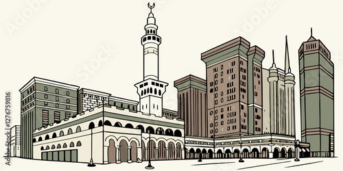 Modern city skyline of Makkah, Saudi Arabia, featuring tall buildings and famous landmarks in a stylish vector design.

