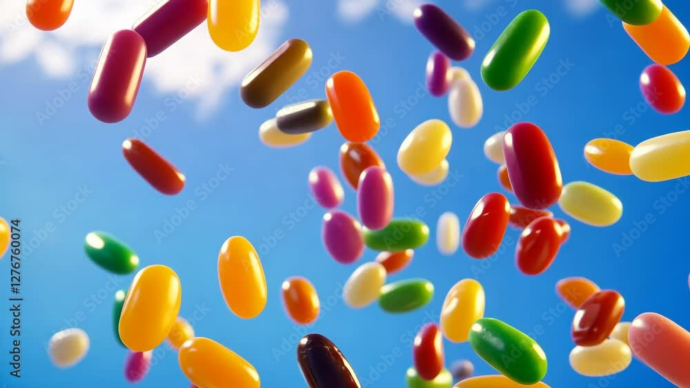 Vibrant jelly beans falling against a bright blue sky background Vibrant jelly beans falling against a bright blue sky background