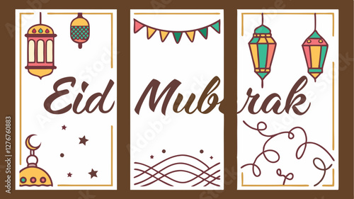 Elegant Eid Mubarak social media post or greeting card set with five unique design options on a warm brown background, featuring Islamic patterns and festive elements.

