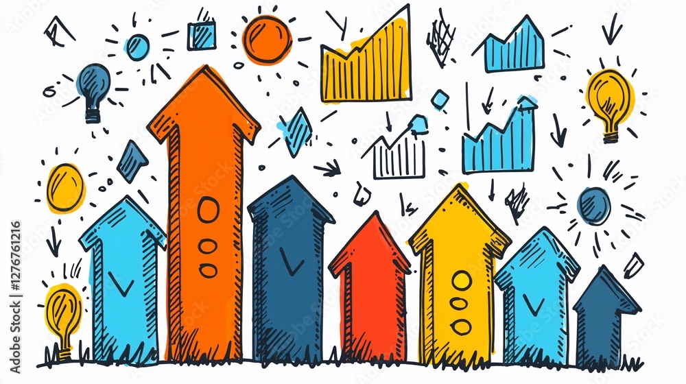 Colorful hand-drawn arrows and charts representing growth and progress in business Colorful hand-drawn arrows and charts representing growth and progress in business