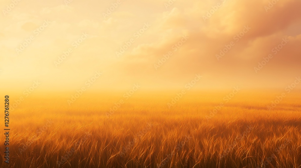 Golden wheat field under a soft morning light with clouds and mist on the horizon Golden wheat field under a soft morning light with clouds and mist on the horizon