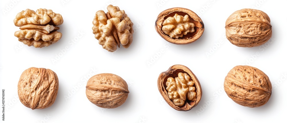 A variety of walnuts, both whole and shelled, displayed on a white background, highlighting their unique textures and shapes. A variety of walnuts, both whole and shelled, displayed on a white background, highlighting their unique textures and shapes.