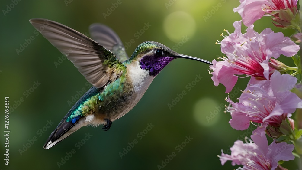 Naklejka premium A fiery-throated hummingbird hovers with rapid wingbeats, sipping nectar from vibrant flowers against a softly blurred green background.