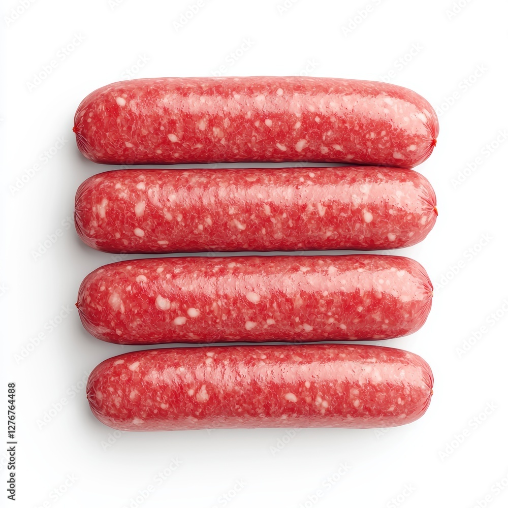 Four uncooked sausages stacked neatly, showcasing a bright red color and a smooth texture. Four uncooked sausages stacked neatly, showcasing a bright red color and a smooth texture.