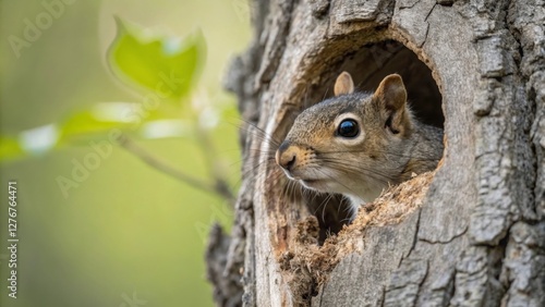 Squirrel curiously poking its head out of a tree hole in a tranquil forest setting close-up nature photography photo